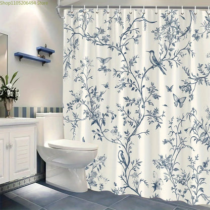 1pc Vintage Floral Shower Curtain - Elegant Blue Branches & Birds