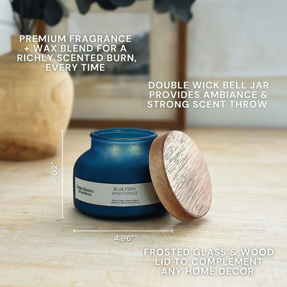 Blue Fern Citrus Scented Candle 2 Wick Jar Candle Long Burn Time 52 Hours