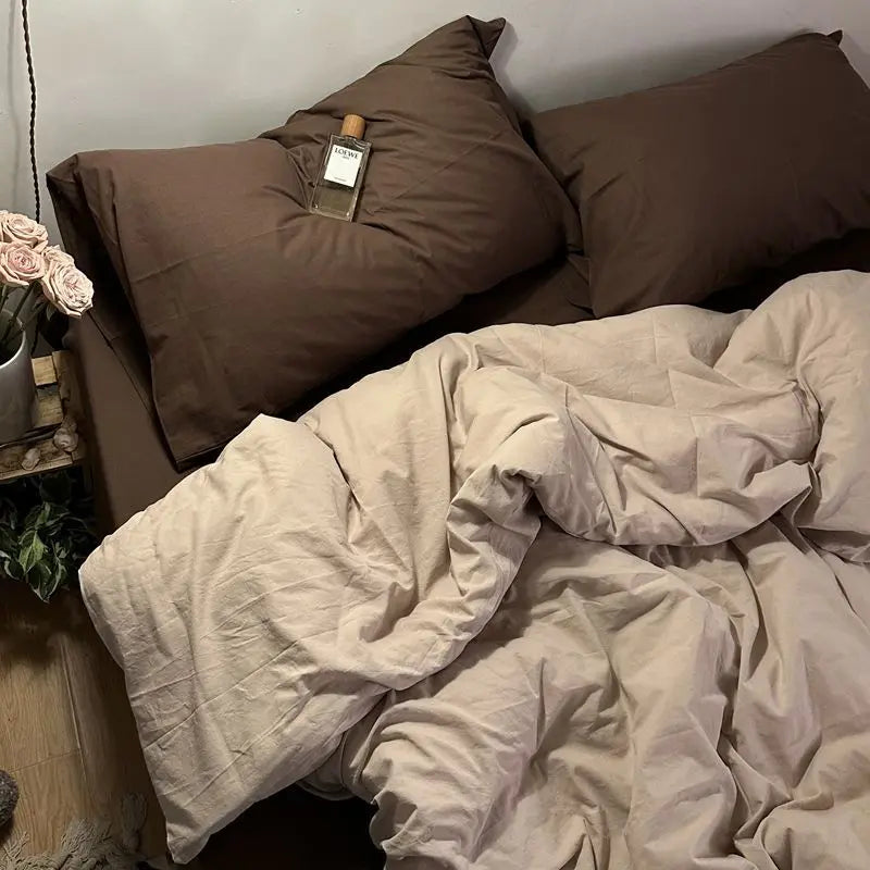 Bedding Set Ambiance Blue Coffee Grid Mixed W / Washed Cotton Fitted Sheets Duvet Cover