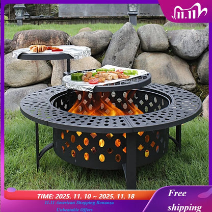 Fire Pit with 2 Grills, Wood Burning Fire Pits for Outside with Lid,