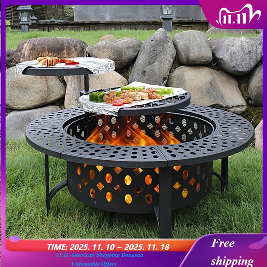 Fire Pit with 2 Grills, Wood Burning Fire Pits for Outside with Lid,