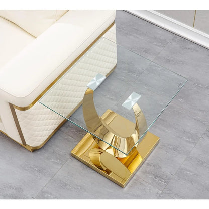 1 Piece Living Room End Table Luxury Glass Side Table, Modern Gold Stainless Steel Pedestal