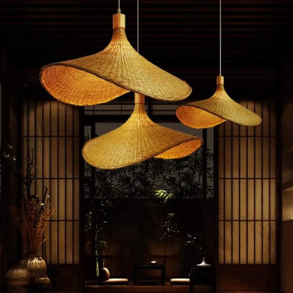 50/60cm Bamboo Weaving Chandelier Wicker Lampshade Pendant Light Retro Rattan Handwoven Hanging Lamp Hat-Shaped E27 Pendant Lamp