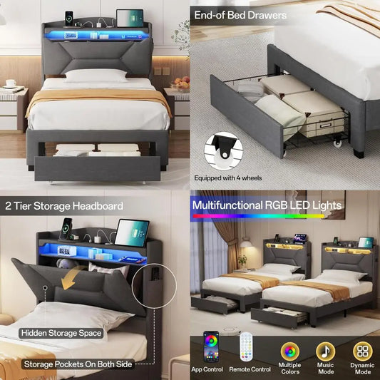 "Twin size bed frame W / storage &upholstered headboard, including drawers, charging station & led lighting"