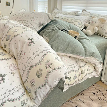 Pink Floral Bedding Set Soft Single Double Queen Size Duvet Cover Flat Sheet Pillowcase