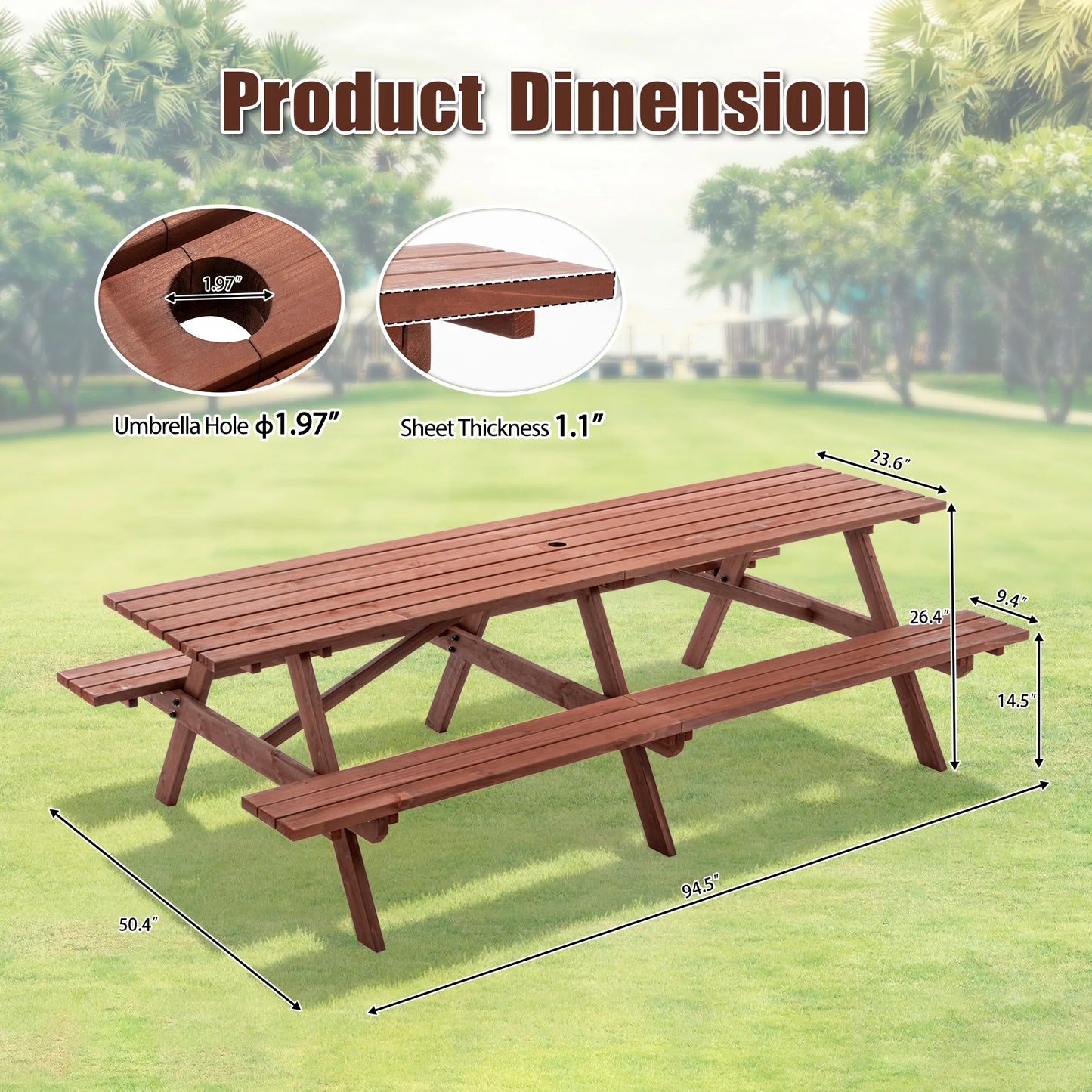 Large 12-Person Wooden Picnic Table Outdoor, Weatherproof w/ Umbrella Hole, Ideal for BBQ & Gatherings