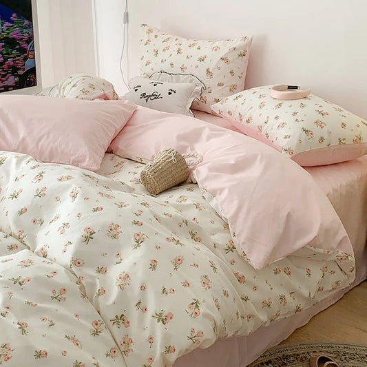 Pink Floral Bedding Set Soft Single Double Queen Size Duvet Cover Flat Sheet Pillowcase