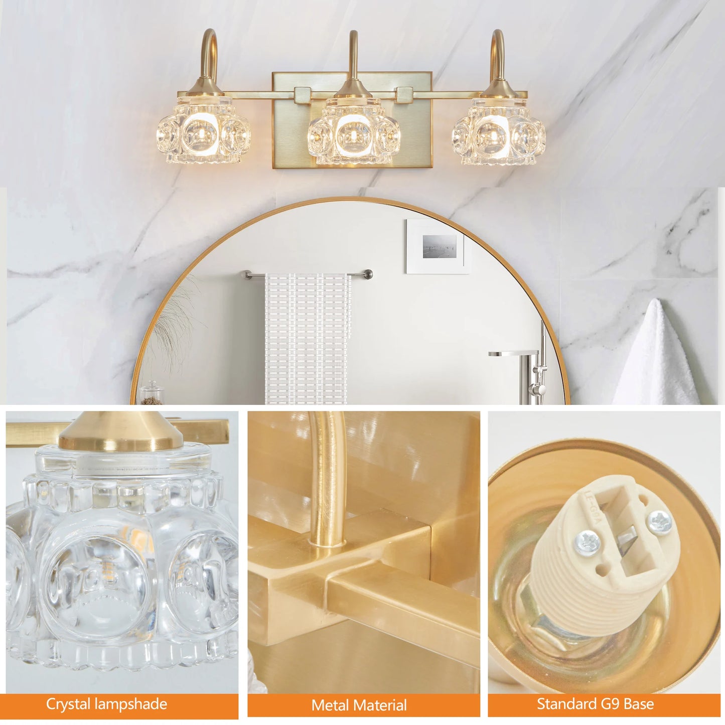3-Light Crystal Bathroom Golden Wall Sconce with Clear Glass Shade