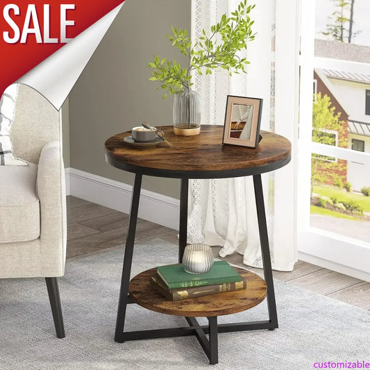 Customizable End Table, 2 Tier Round Side Table with Storage Shelf