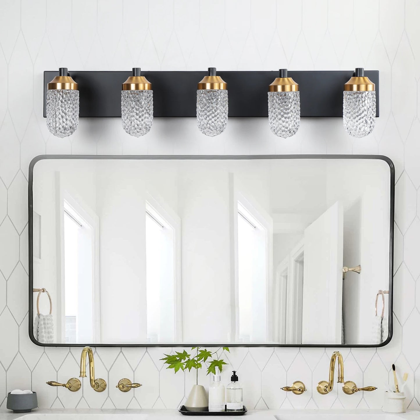 Minimally retro bathroom vanity table lamp, LED 5-bulb glass lampshade, wall mounted decorative light fixture (black)