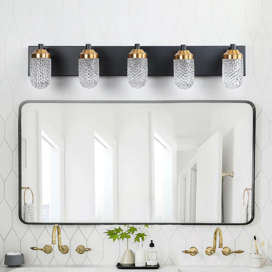 Minimally retro bathroom vanity table lamp, LED 5-bulb glass lampshade, wall mounted decorative light fixture (black)