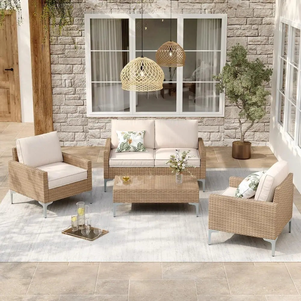 All-Weather Wicker Patio Sectional Set, Tempered Glass Table W/Thick Cushions