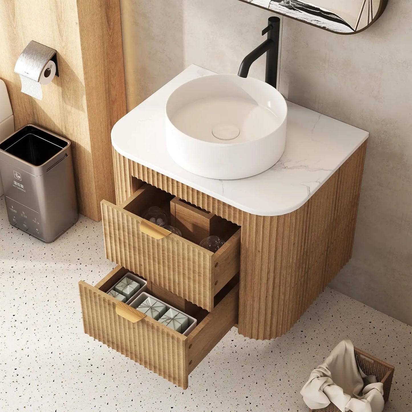 24" Floating Bathroom Vanity Ceramic Sink Combo Fluted 2 Storage Drawers