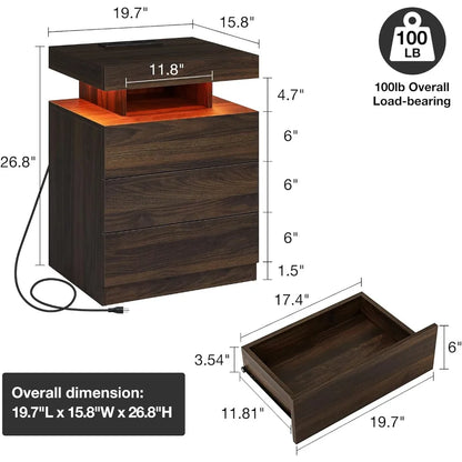 Rustic Brown Nightstand w/ Wireless Charging Station Walnut Wood 3 Drawers