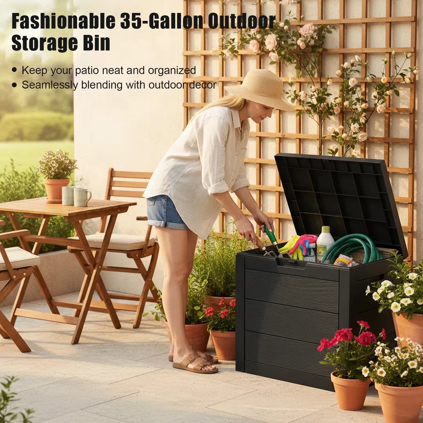 35/75 Gallon Resin Outdoor Storage Box with Handles Garden Tools