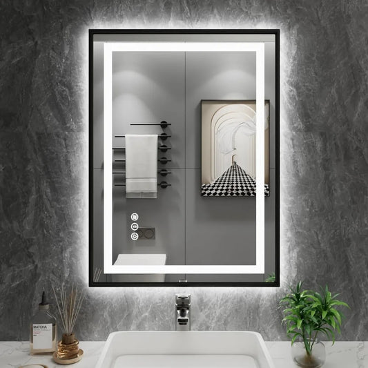 20"x 28" LED Bathroom Mirror w/ Black Frame, Front Light & Backlit,
