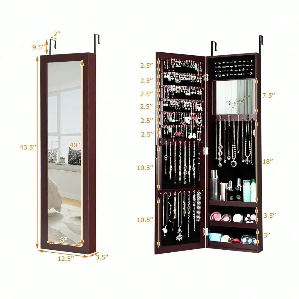 Mirrored Jewelry Cabinet & Storage Organizer Wall or Door Mounted
