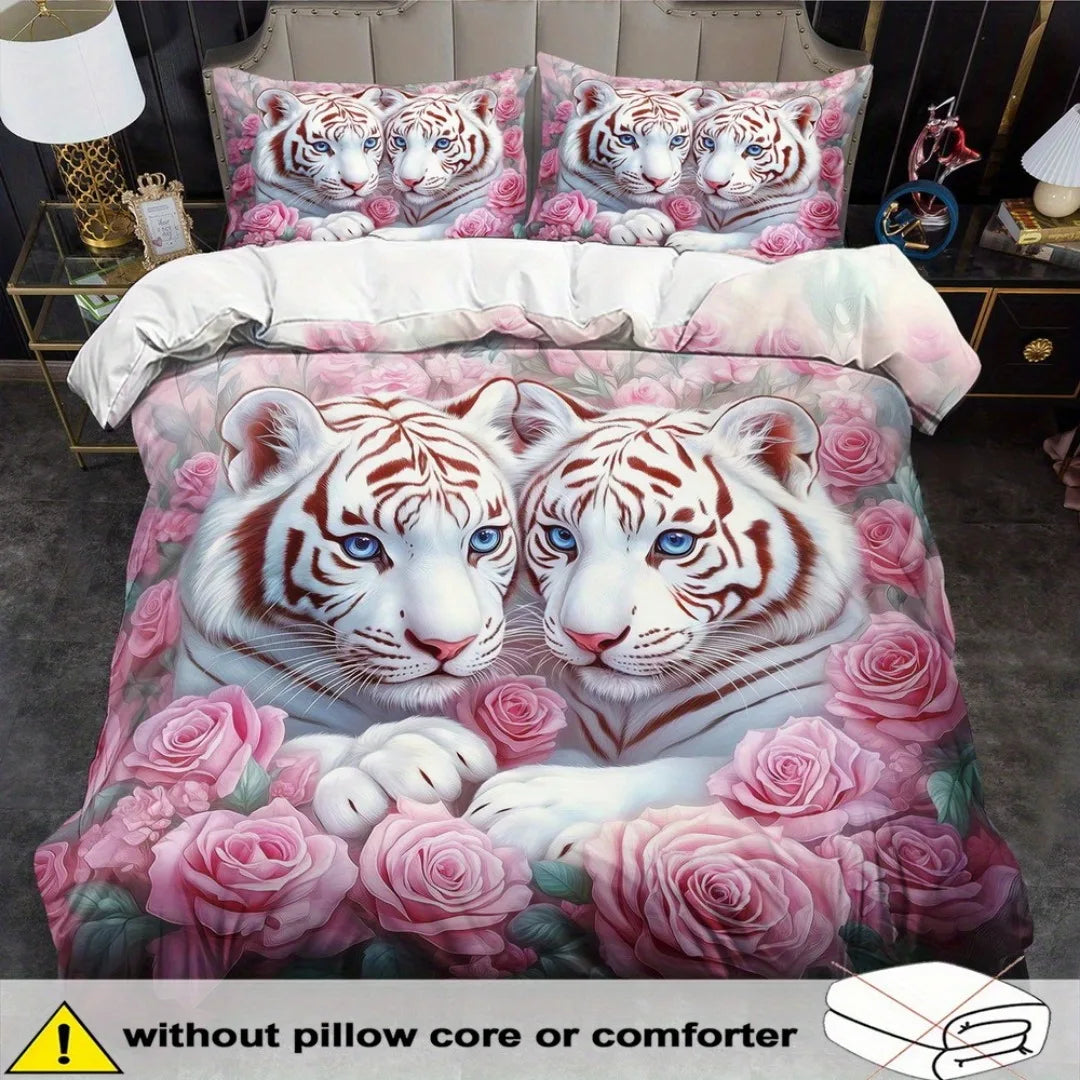 3pcs Fashion Bedding Set Tiger Pink Rose Digital Print Comfortable Breathable