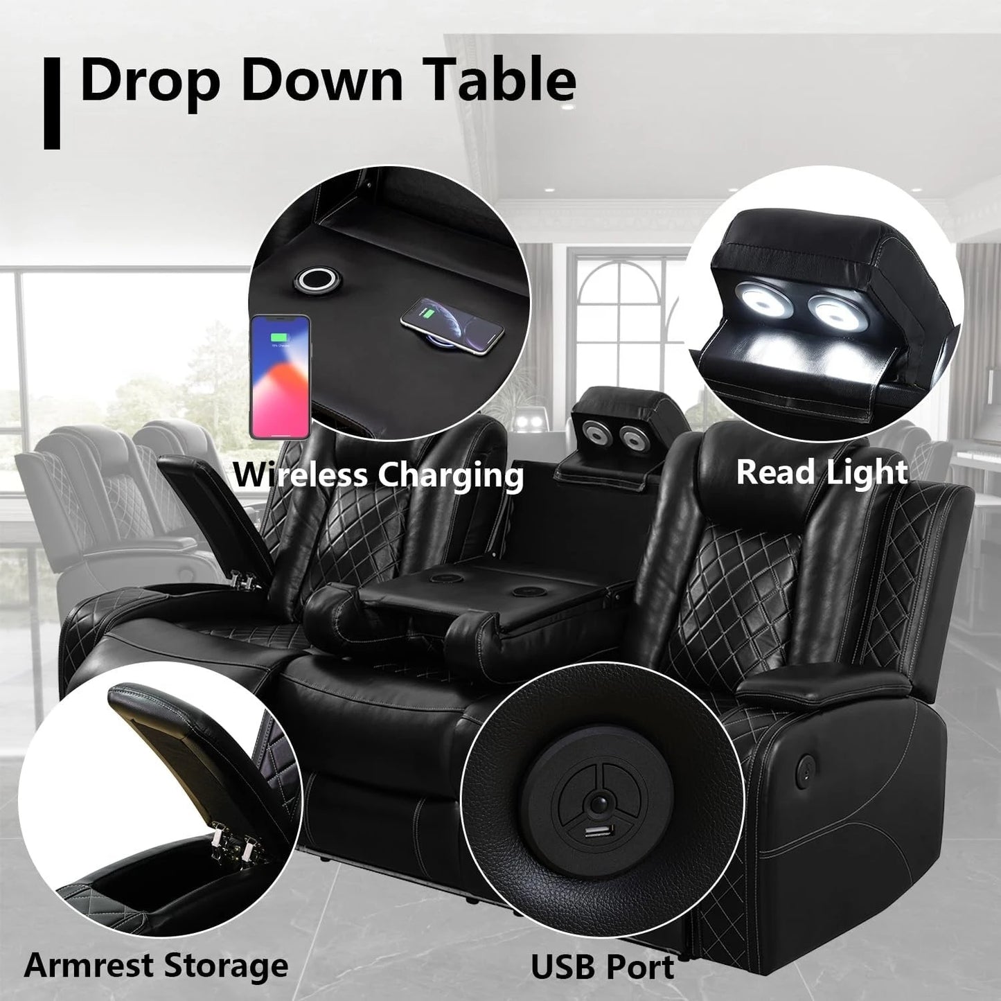 Power Recliner Sofa Set with LED Light, Black Leather Reclining Sofa and Loveseat Set 3-Seater Sofa