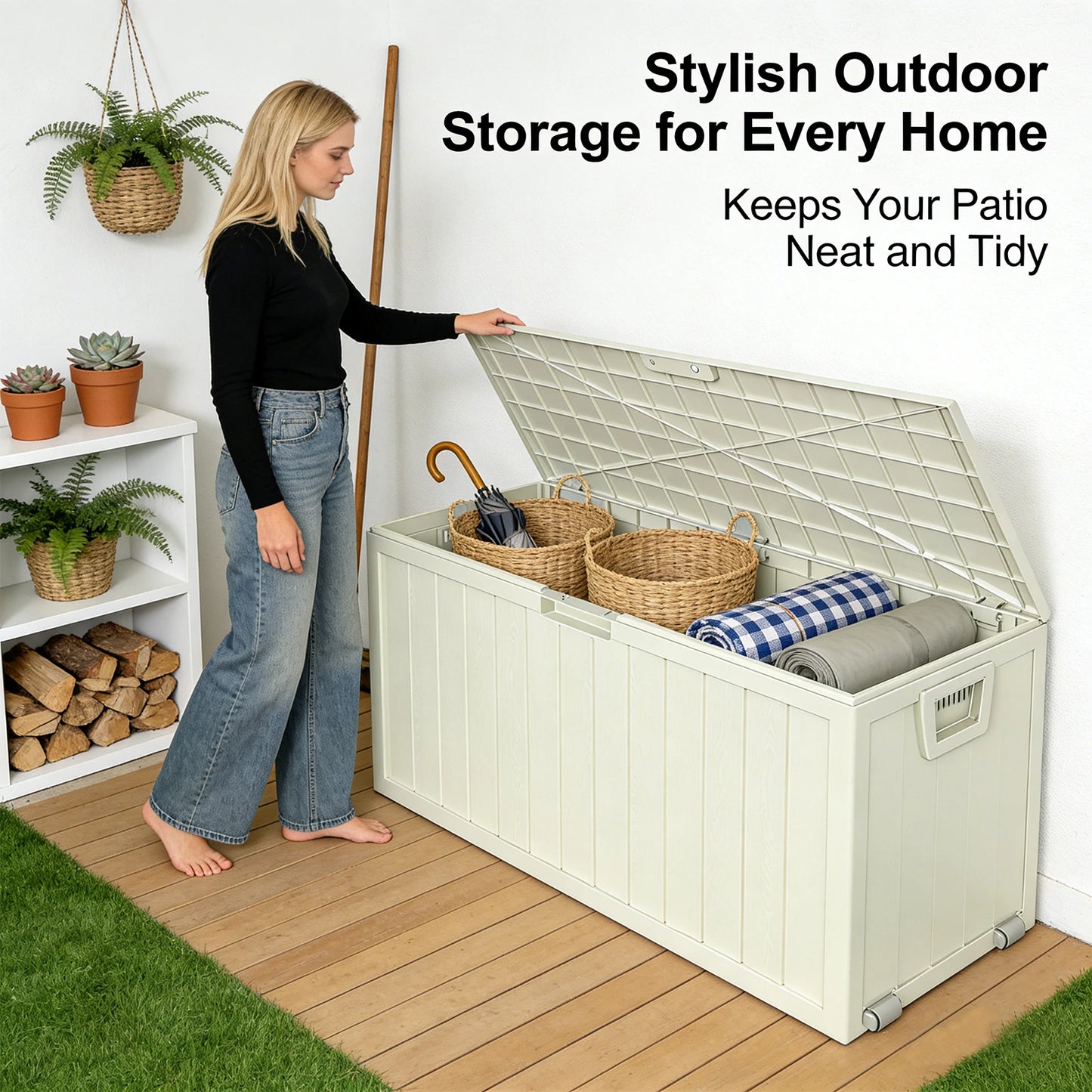 35/75 Gallon Resin Outdoor Storage Box with Handles Garden Tools