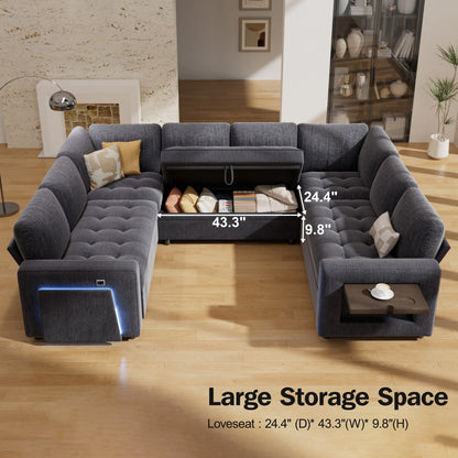 U-Shaped Modular Sectional (8-Seat) - Pull Out Bed Sleeper, Reclining Backrest, USB Ports, LED Light, Storage Seat