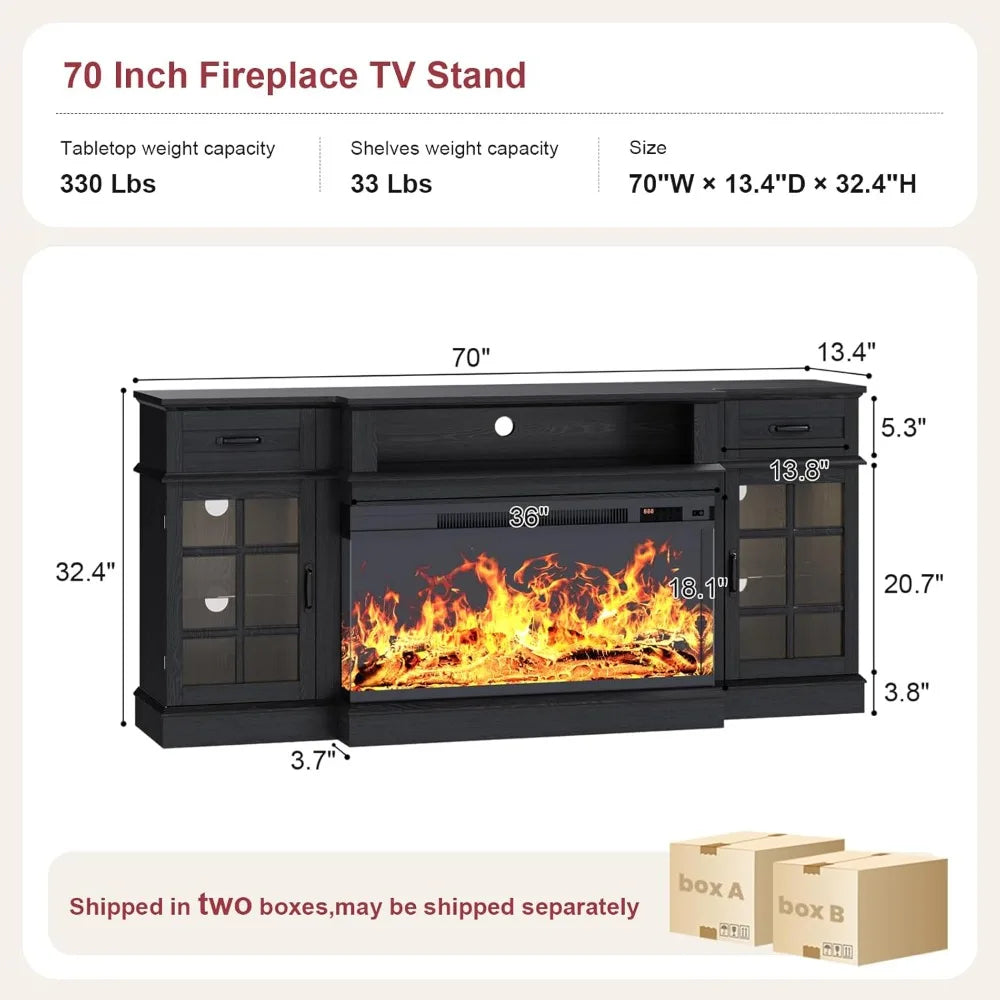 Oenomel 70 Fireplace TV Stand with 3-Sided Glass Fireplace, Modern Wood Entertainment Center with LED Lights and Glass Door, 36
