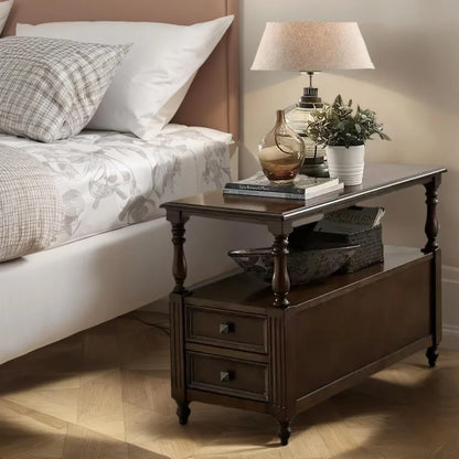 "Solid Wood End Table - 2 Drawers, Vintage Design