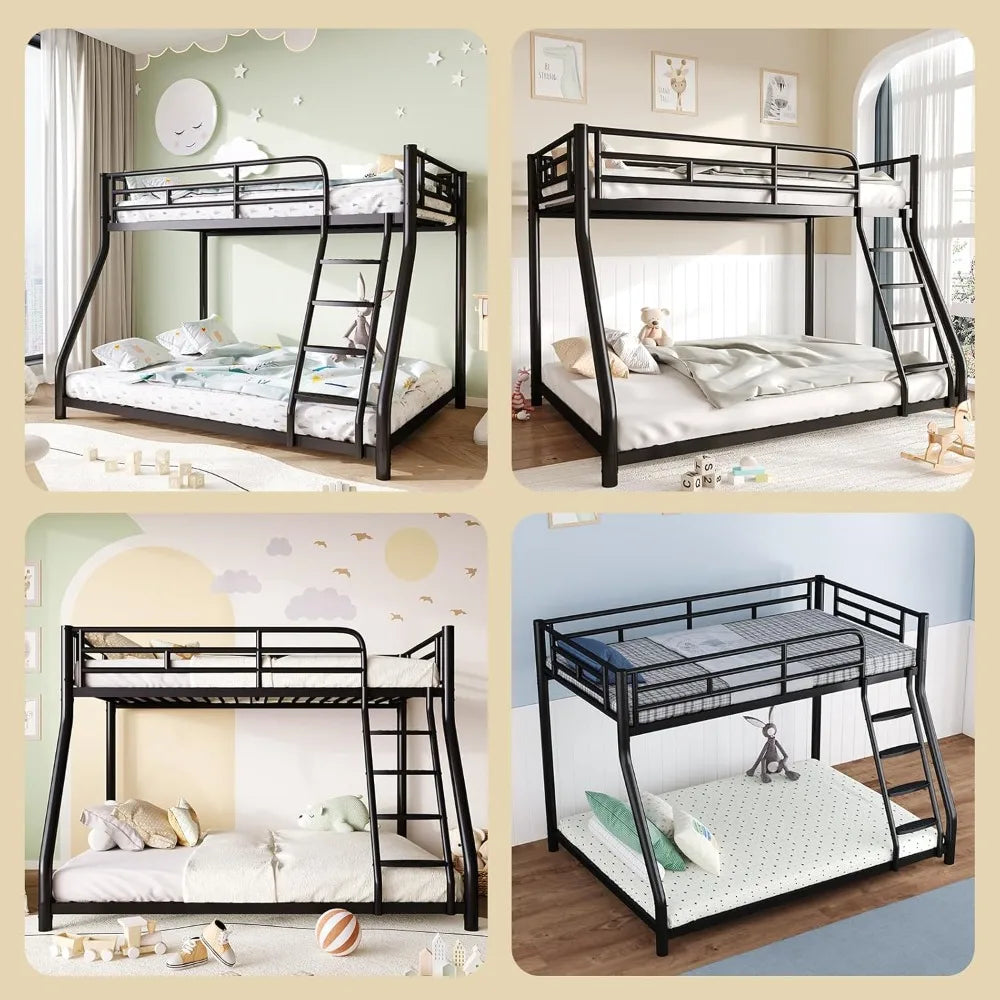 Metal Bunk Bed, Full Size Bed Frame, Twin Over Full Bunk Bed W/ Safety Guardrail and Ladder
