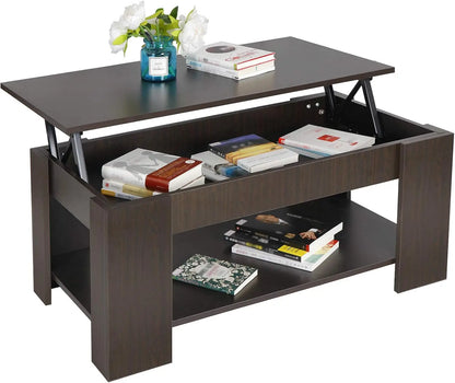 SUPER DEAL Modern Lift Top Coffee Table w/Hidden Compartment and Storage Shelves Pop-Up Storage Cocktail