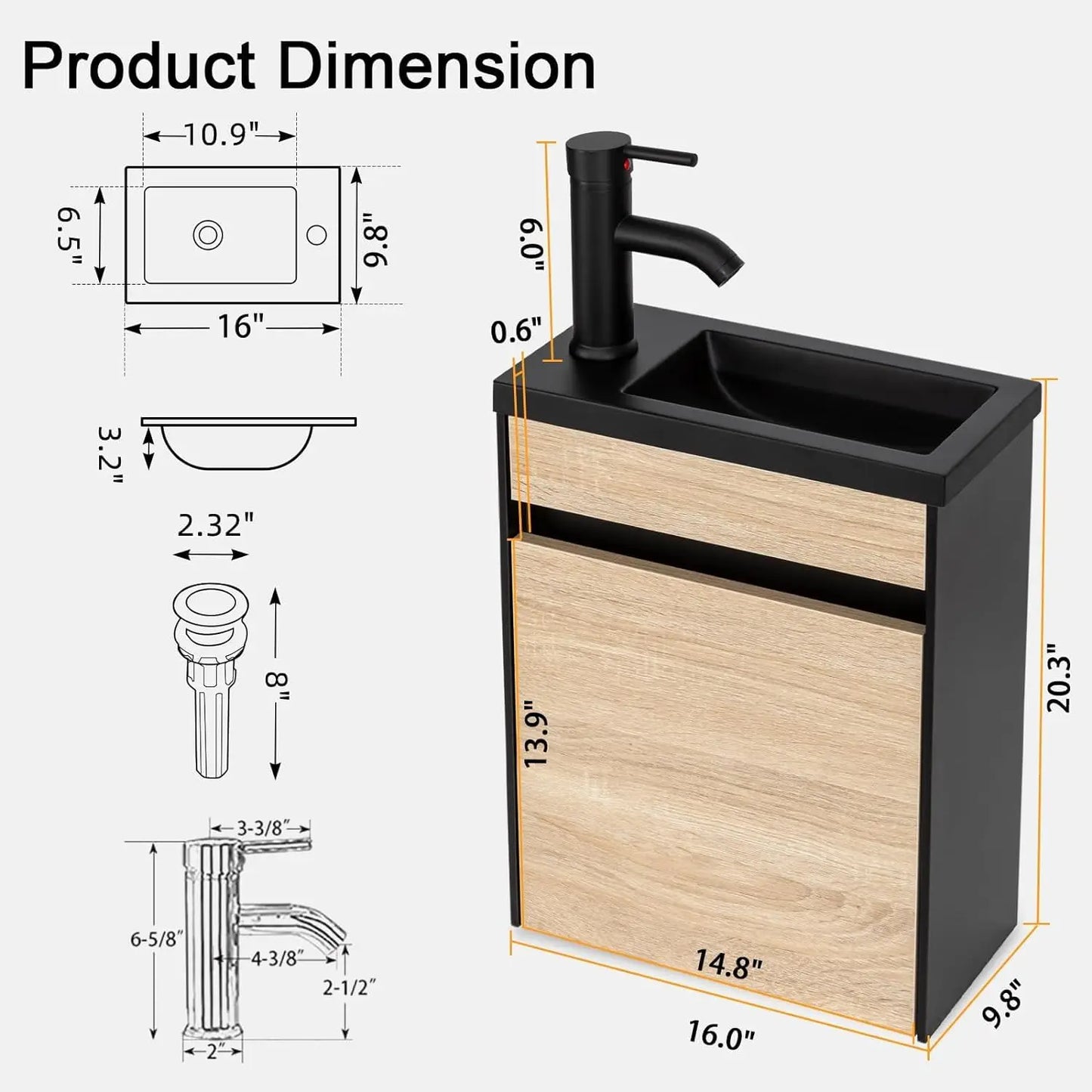 16" Small Bathroom Vanity, Black & Natural Mixed with Ceramic Sink