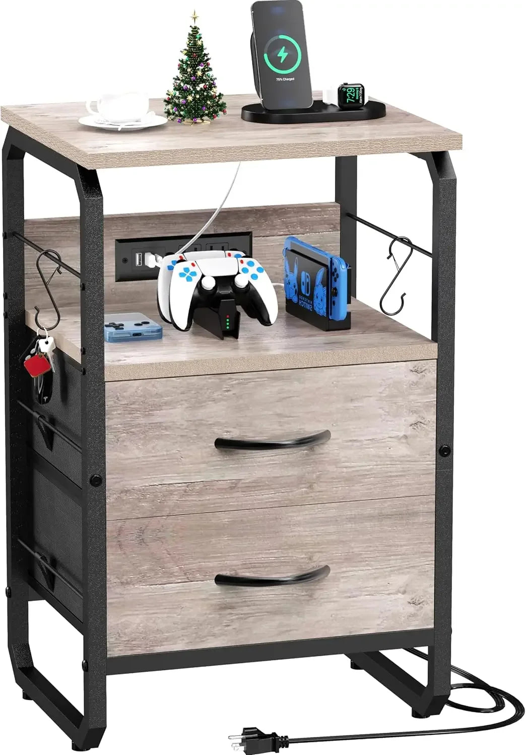 Drawers, Storage Nightstand with Charging Station