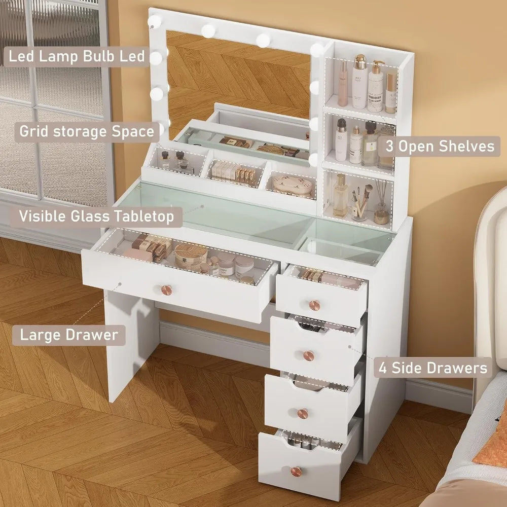 White Vanity Desk W/ Mirror & Lights, Glass Top, 5 Drawers, 3 Modes Dimmable LED