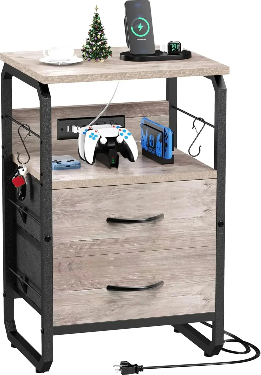 Drawers, Storage Nightstand with Charging Station