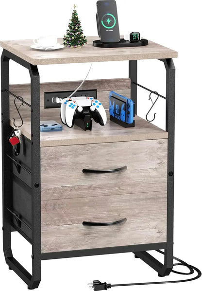 Drawers, Storage Nightstand with Charging Station