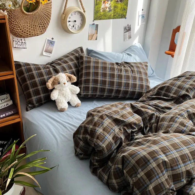 Bedding Set Ambiance Blue Coffee Grid Mixed W / Washed Cotton Fitted Sheets Duvet Cover