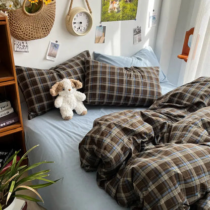 Bedding Set Ambiance Blue Coffee Grid Mixed W / Washed Cotton Fitted Sheets Duvet Cover