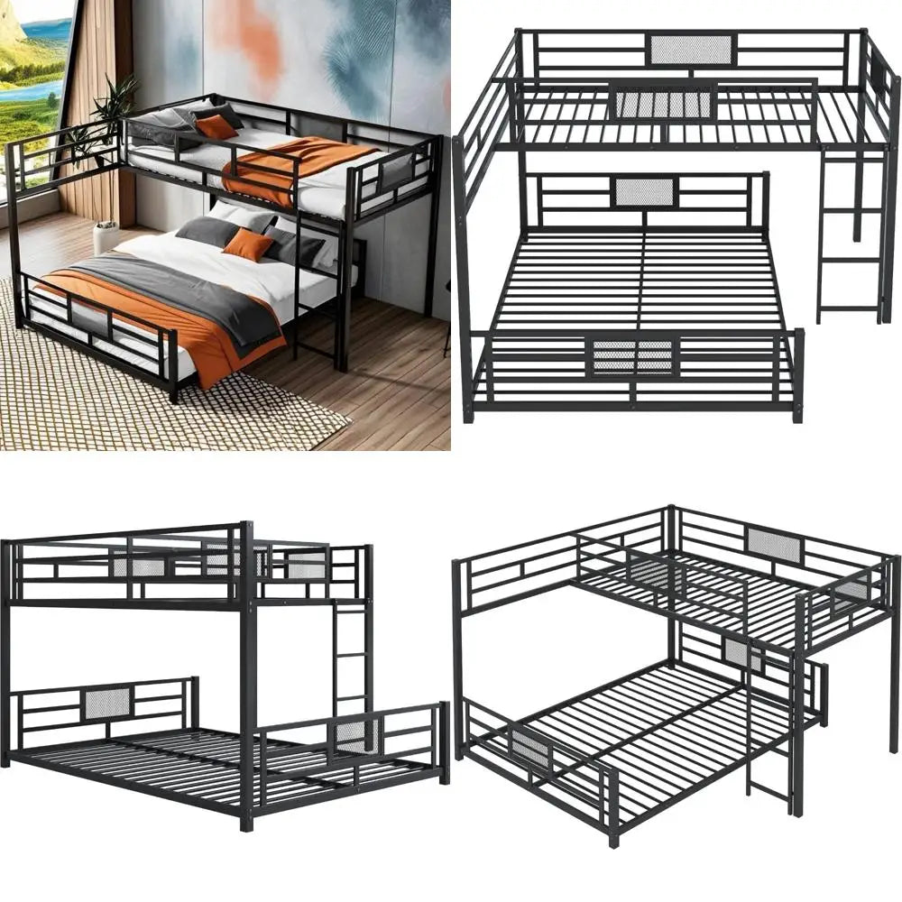 stylish l-shaped metal twin over full bunk bed W / ladders and guardrails for kids