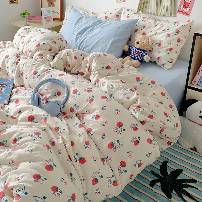 Red Strawberry Duvet Cover Set 100% Washed Cotton