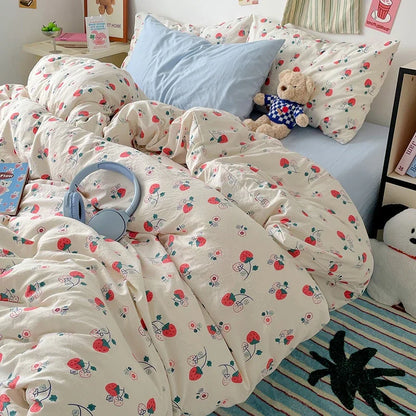 Red Strawberry Duvet Cover Set 100% Washed Cotton