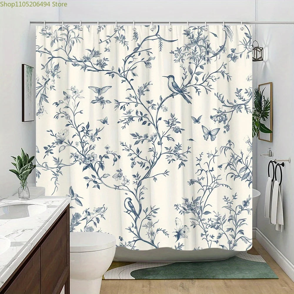 1pc Vintage Floral Shower Curtain - Elegant Blue Branches & Birds