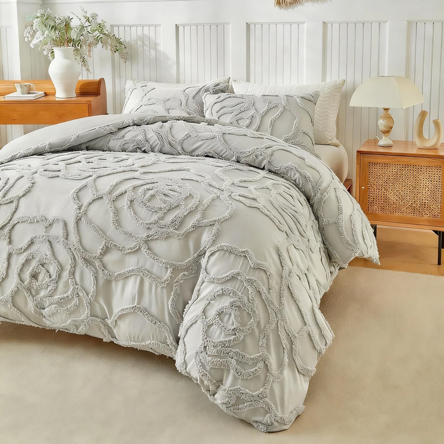 3D Rose Floral Tufted Duvet Cover Set High Quality Microfiber Bedding Set