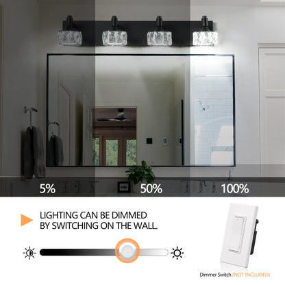 LED Vanity Light Modern 4-Light Matte Black Fixture with Crystal Glass Shades
