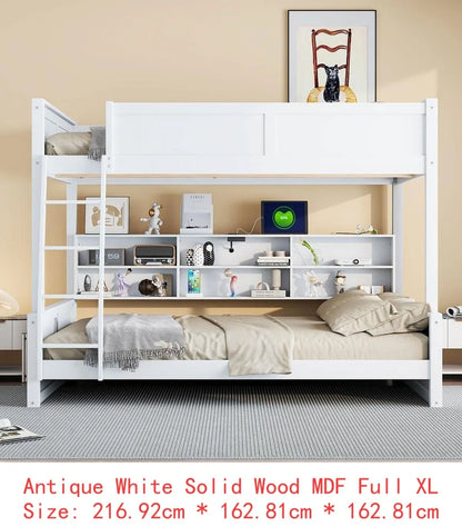 Queen Over Queen Bunk Bed with Storage, USB Ports, Antique Finish