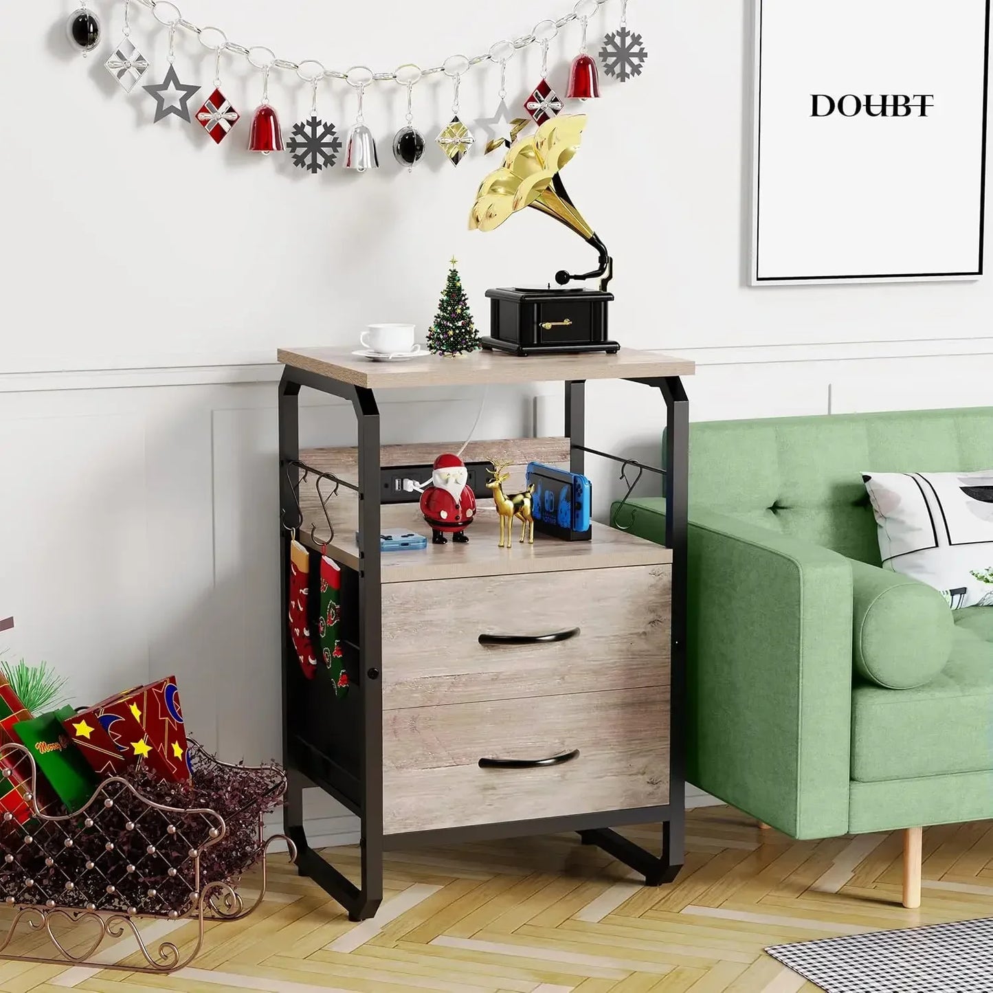 Drawers, Storage Nightstand with Charging Station