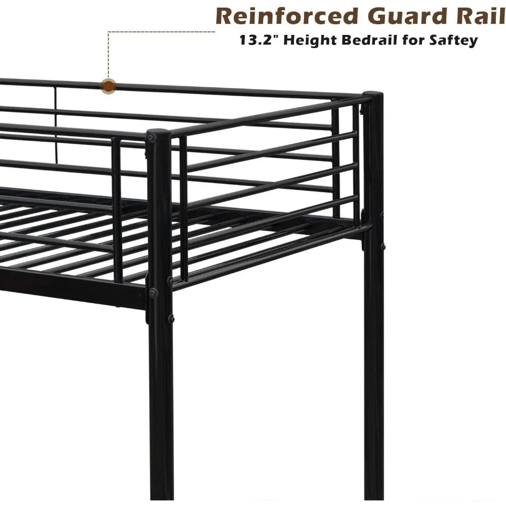 twin over twin heavy duty bunk bed W / flat ladder and 13" high guardrail for kids, teens, and adults