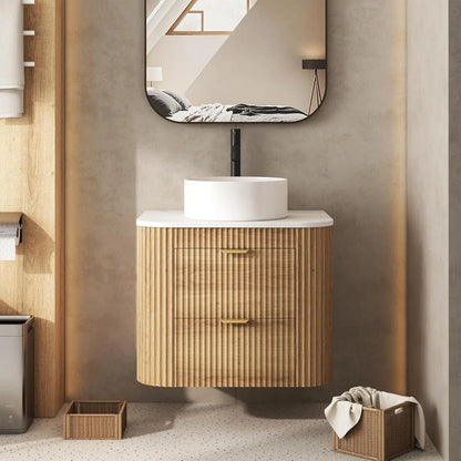 24" Floating Bathroom Vanity Ceramic Sink Combo Fluted 2 Storage Drawers