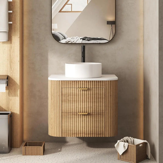 24" Floating Bathroom Vanity Ceramic Sink Combo Fluted 2 Storage Drawers