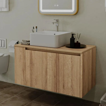 36-inch Wall-Mounted Natural Tone Bathroom Vanity with Concealed Drawer and Sink