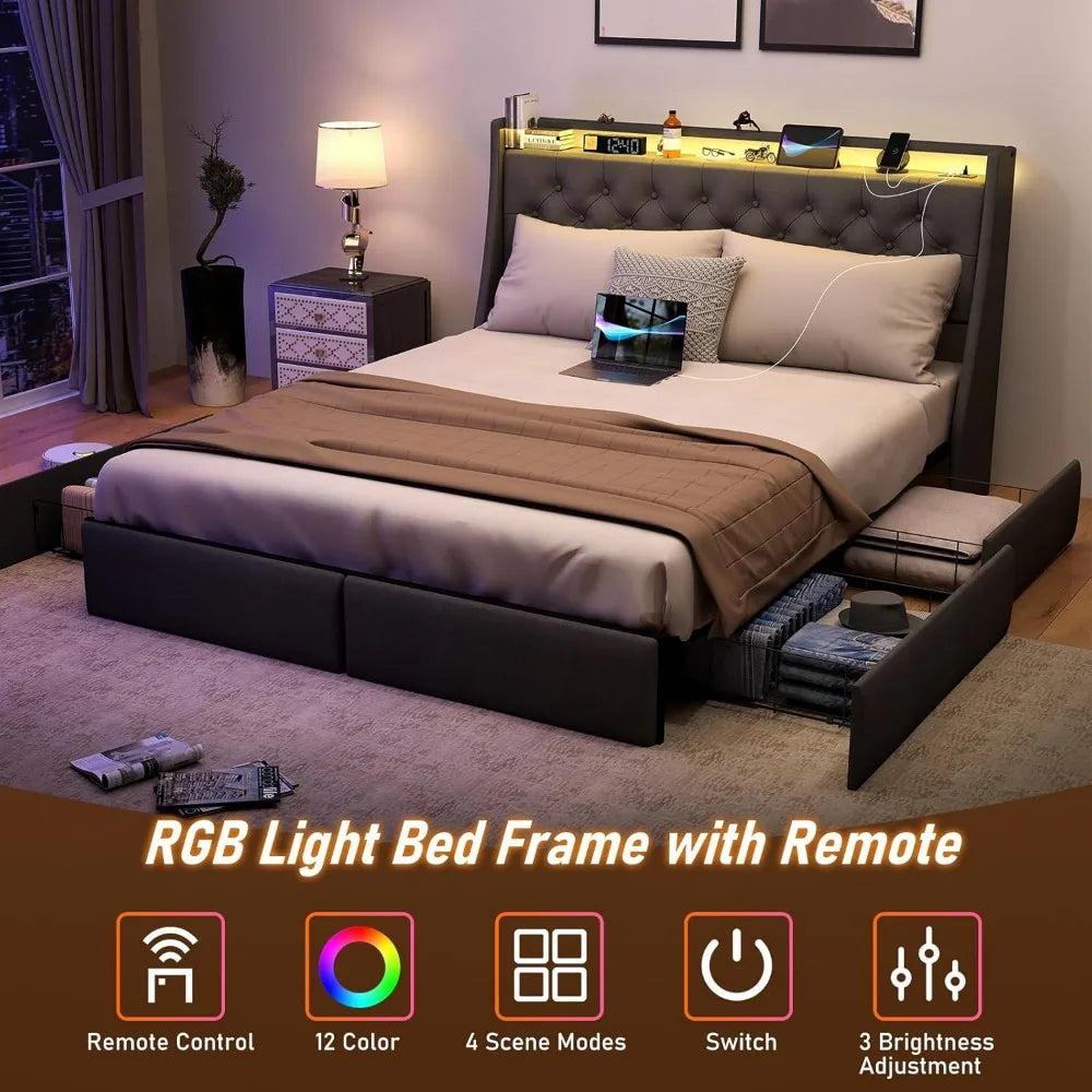 queen size metal bed frame W /storage headboard, 4 drawers, led lights & charging station