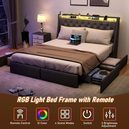 queen size metal bed frame W /storage headboard, 4 drawers, led lights & charging station
